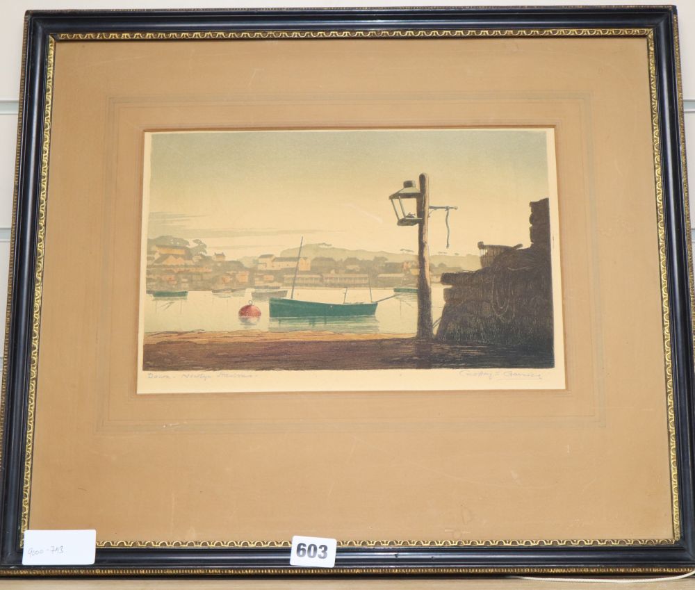 Geoffrey Garrick, coloured etching, Dawn, Newlyn Harbour, signed in pencil, 20.5 x 30cm